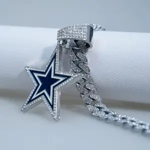 Iced Out Star Pendant Necklace for Men, 20" Stainless Steel Cuban Link Chain, Silver & Blue Bling Hip Hop Jewelry, Texas Football Fan Gift Bold Statement Solid Feel Daily Wear Birthdays y2k accessories