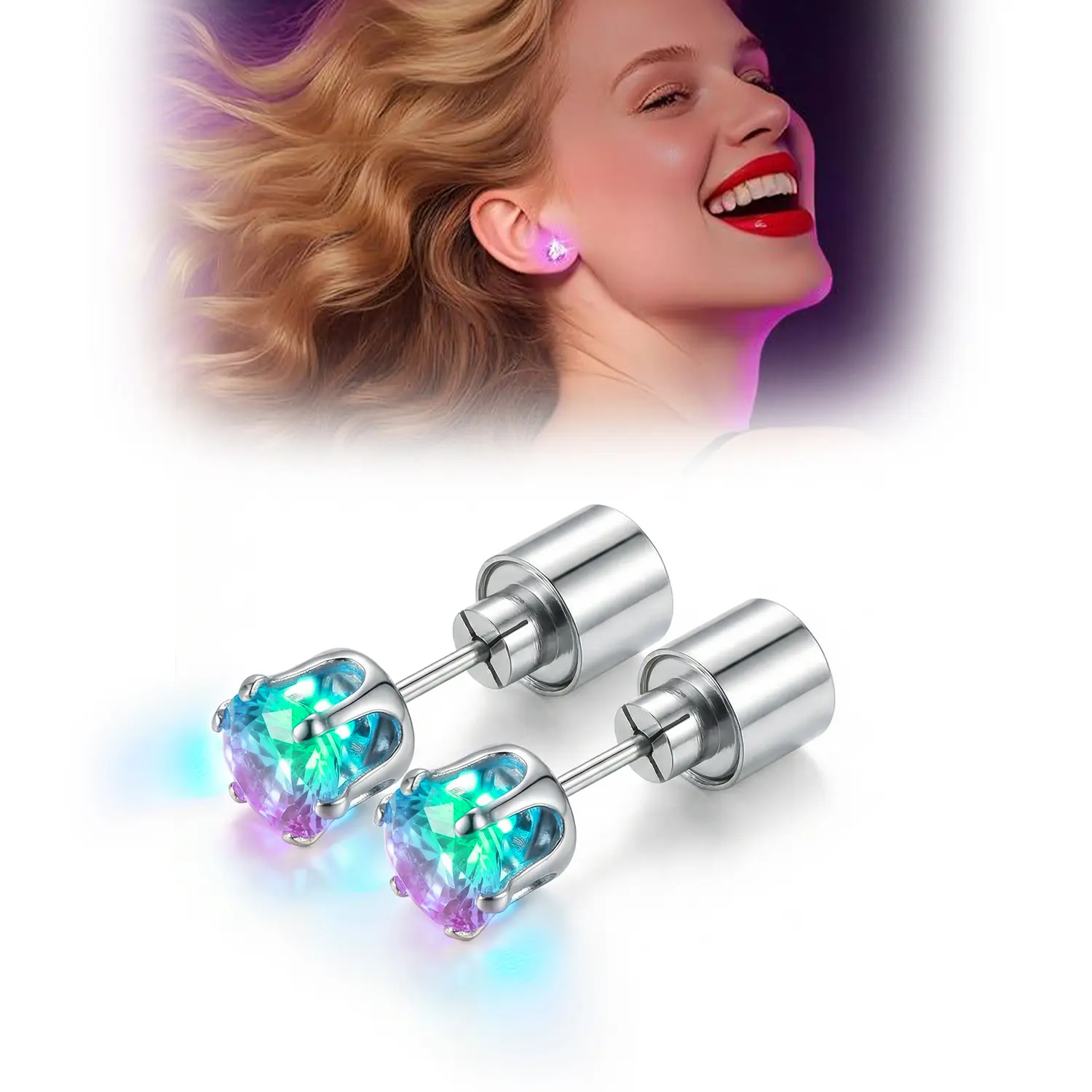 Unisex 2pcs LED Color Changing Light Up Stud Earrings, Bold & Bright Sparkle Diamond-Inspired Metal Jewelry, Bright Statement Party Accessories for Bar, Rave, Festivals#SummerWins, Light Up Earrings, Bold & Bright Earrings