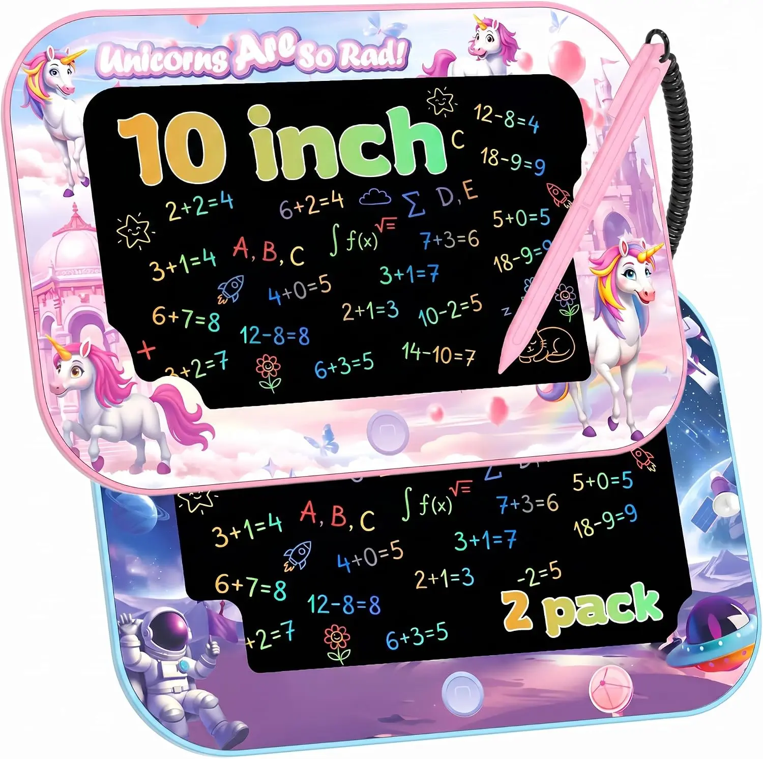 2-Pack 10" Unicorn & Astronaut Digital LCD Writing Practice Tablet, Colorful Tablet Drawing Board with Anti-Lost Lanyards, Portable Mess-Free Travel Toy & Educational Birthday Gift for Toddlers