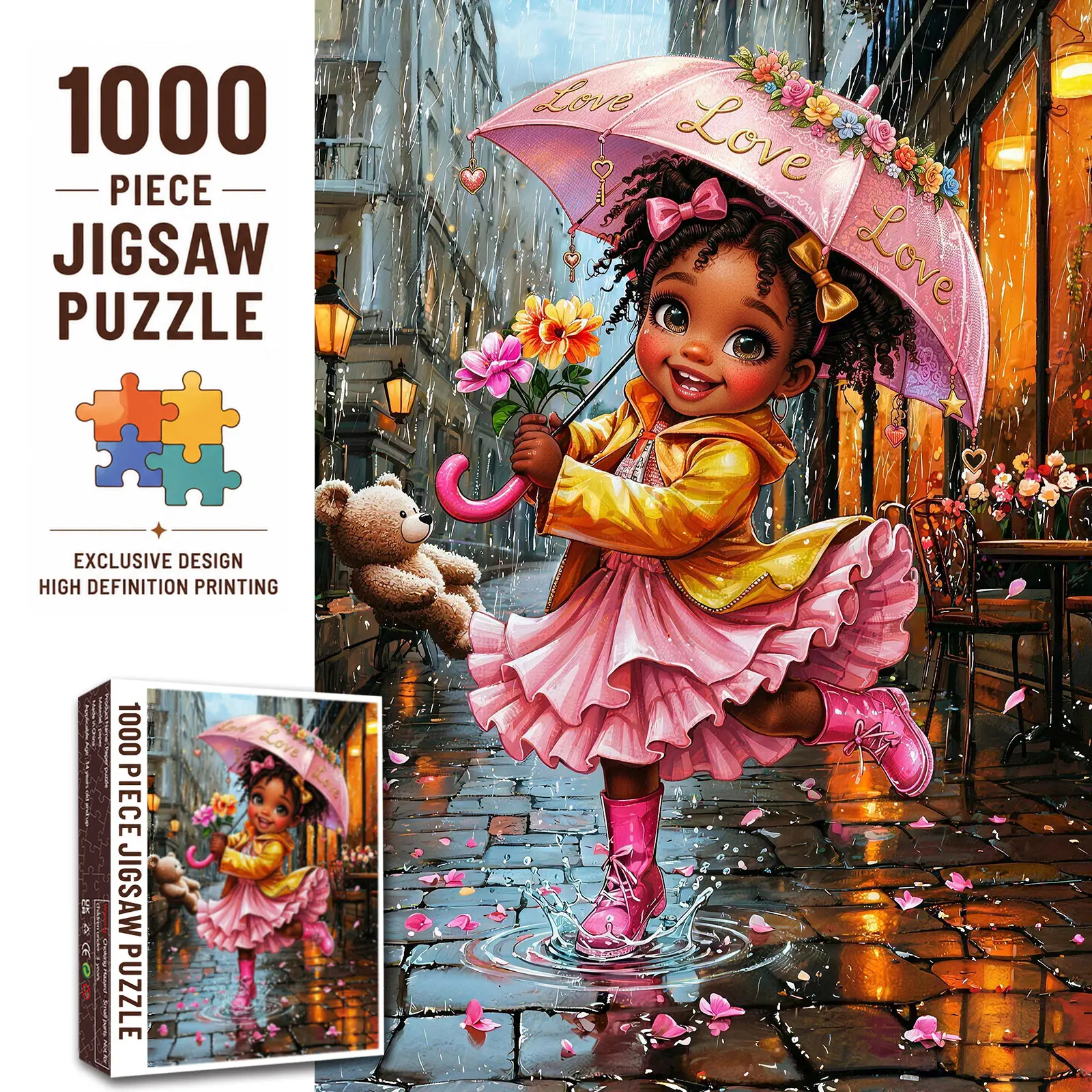 Walarky Rainy Day Girl 1000 Pieces Jigsaw Puzzle, Cute African American Girl with Umbrella Art Puzzle for Adults, Family Game, Stress Relief and Relaxation, Brain Teaser Challenge, Charming Wall Decor, Gift for Women and Seniors, 27.5x20inch(70x50cm), Art