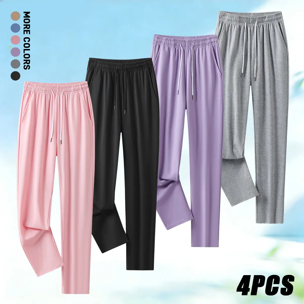 4-piece set of women’s joggers with side pockets and a faux drawstring design, suitable for all seasons—stylish and comfortable, perfect for outdoor sports and home leisure.