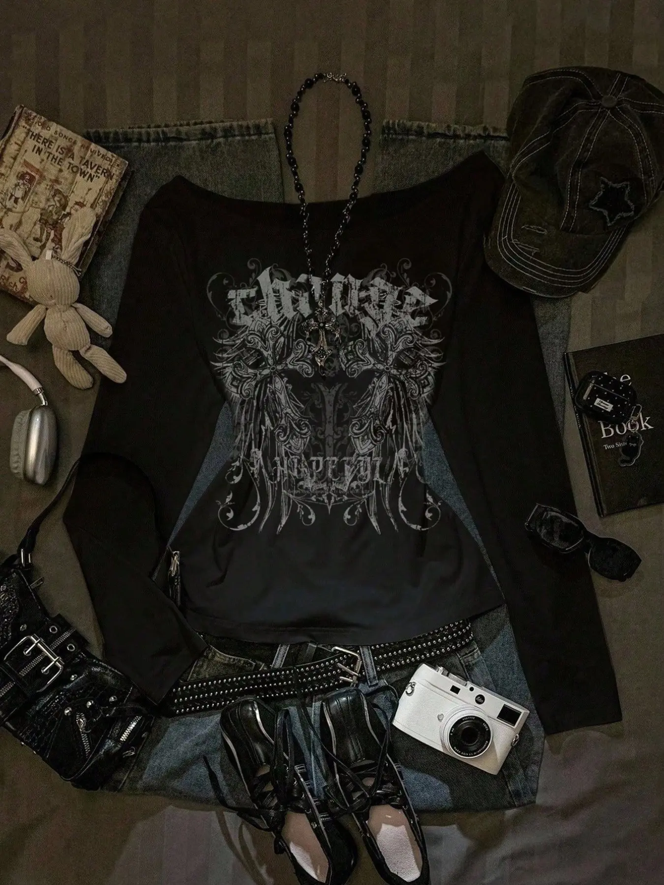 Y2K Goth Dark Academia Streetwear Womenswear, Black Long-Sleeve Top | Jersey Knit Ultra-Soft Fabric | Grunge E-girl Core Outfit | Vintage Vibe Photo Shoot & Daily Wear | Edgy Statement Piece with Gothic Print | Everyday Knitted Top