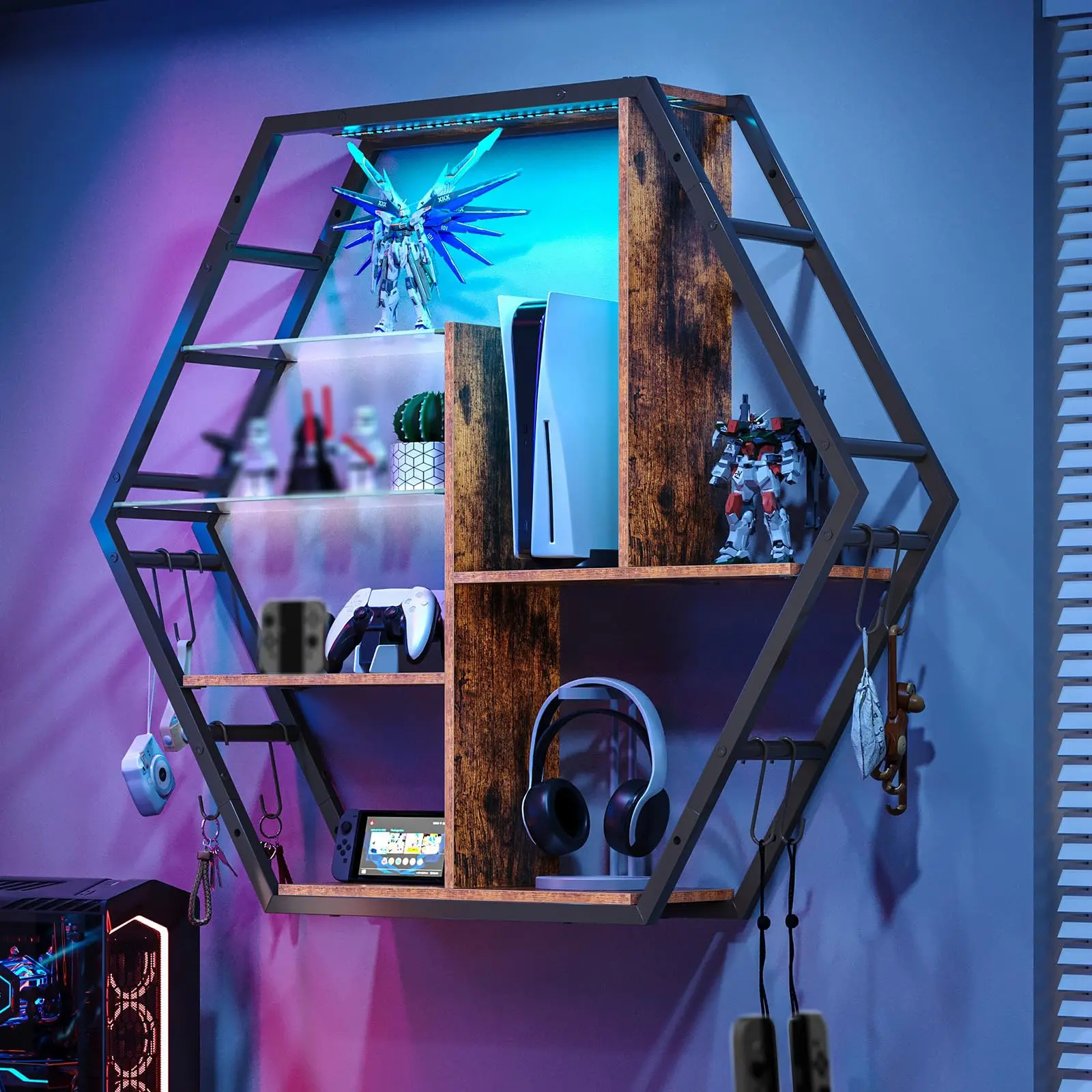 LED Light Decorative Wooden Floating Shelves - Glass-MDF with Tempered Transparent Glass, Iron Pipe Extra Hanging Hooks, Wall Mount, Sturdy Fast Assembly, High Weight Capacity for Live Gaming Room, Bar Storage
