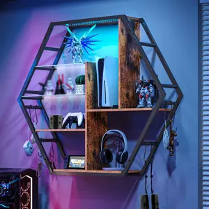 Led Shelves for Wall, Floating Shelves with Lights, Gaming Room Decor Display Shelf, Lighted Bar Shelves, Extra Hanging Hooks Storage, Sturdy Fast Assembly Great Weight Capacity