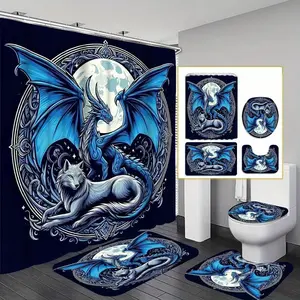 1/4 pcs blue dragon and blue pattern design, shower curtain set, Bathroom Accessory, non-slip mat, U-shaped rug, toilet seat cover, Bathroom Decoration Accessories, includes 12 shower curtain hooks