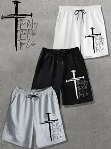 Classic Three-Piece Set, American High Street Cross Faith Print Shorts, Loose Fit Casual Sports Pants, Streetwear Style, Athleisure Casual Shorts, Athletic Casual Shorts, Relaxed Fit Shorts, Casual Sporty Shorts
