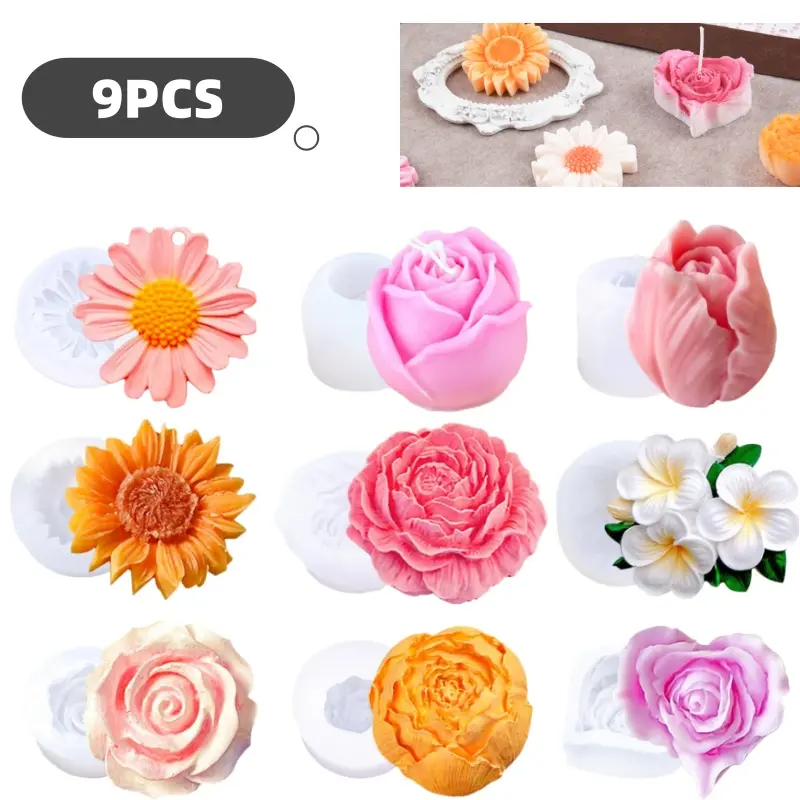 9 Pcs Durable Flexible Silicone Flower Baking Molds - Rose, Tulip, Sunflower, Daisy Designs, Easy-to-Clean Bakeware for Cake Decorating, Candle Making, Family Birthdays & Gift Projects