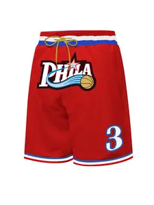 Men's 3 Red Vintage Embroidered Zipper Basketball Jersey Shorts, Casual Fitted Training Pants, Spring & Fall Sports Wear, Moderate Fabric Thickness