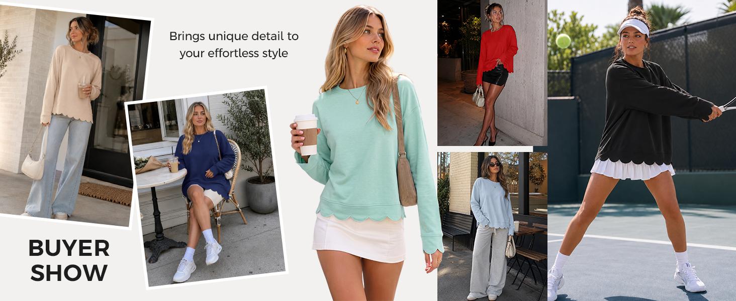 Fisoew Women's Fashion Casual Knit Light Vintage Heather Round Neck Oversized Tunic - Air-layer Fabric Sweatshirt, Long Sleeve, Wavy Scallop Hem & Cuff, Loose Fit Everyday Fall Layering Pullover Top