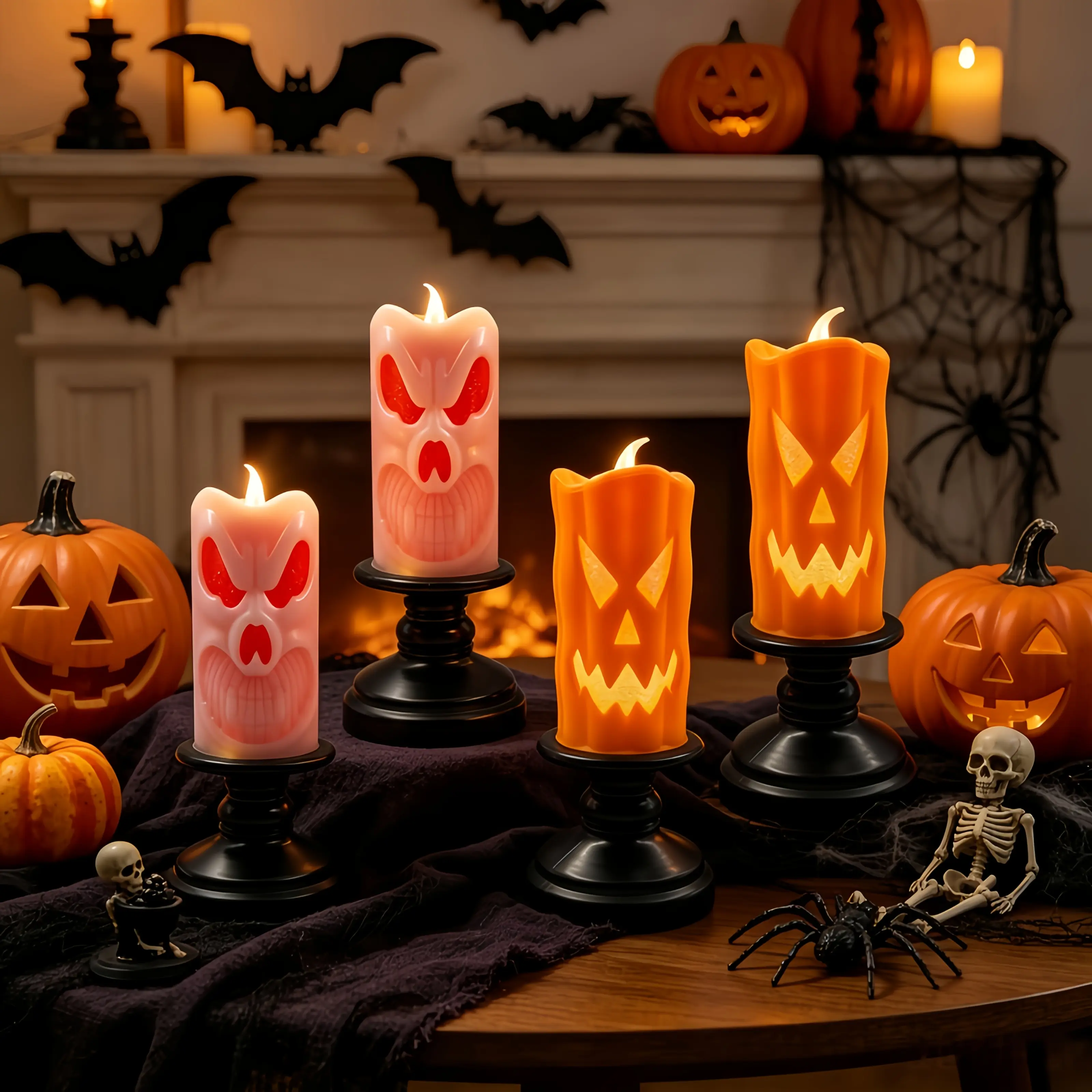 4-Pack Halloween Flameless LED Candles, Skull & Pumpkin Battery Operated Candles with Realistic Flickering Wick, Spooky Halloween Decorations for Tabletop, Mantel, Fireplace, Party & Indoor Home Decor