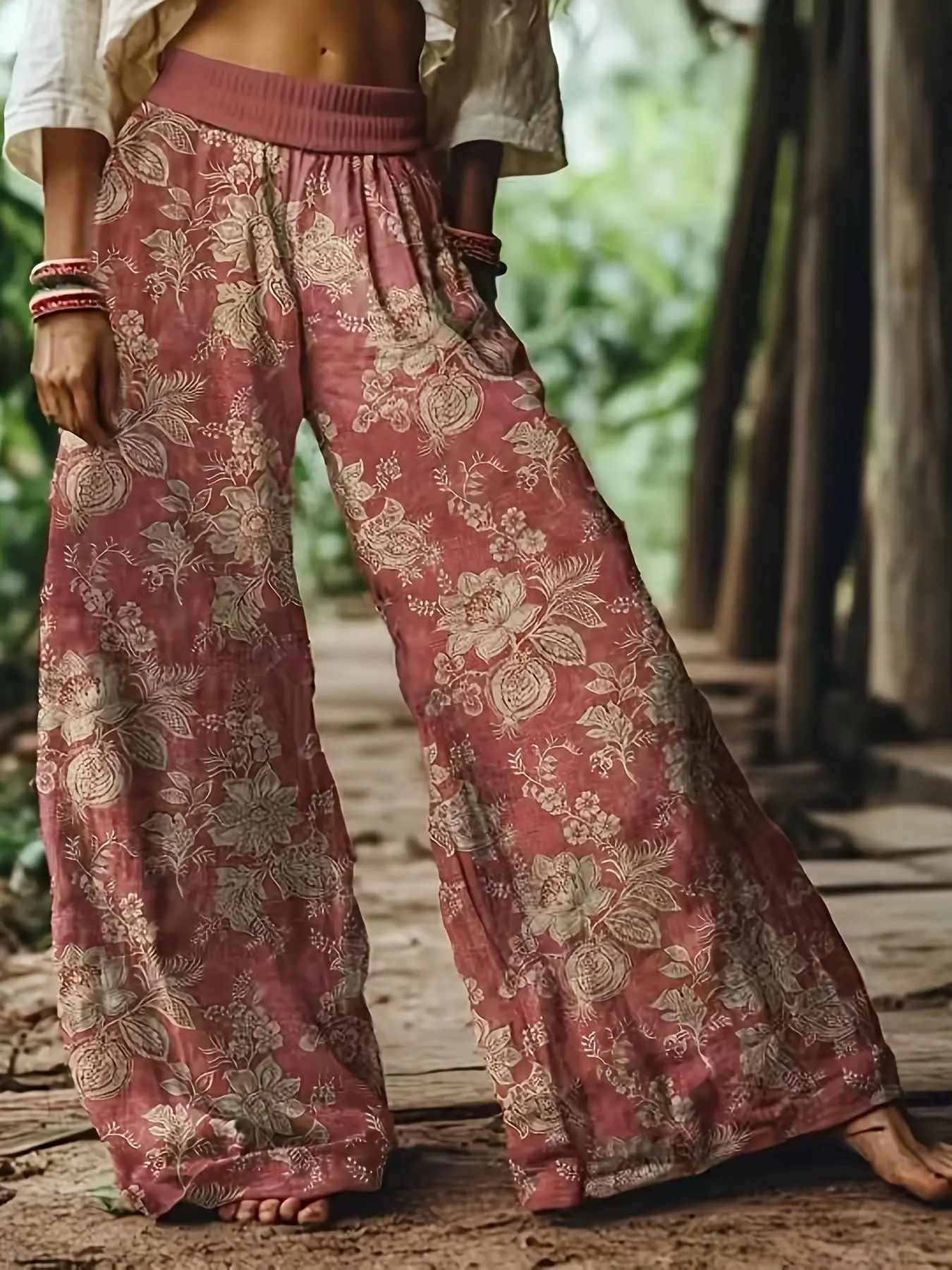 Women's Floral Print Casual Boho Bohemian Wide-Leg Loose Baggy Long Pants, Comfortable Breathable Elastic Fabric, Ideal for Vacation, Home and Daily Wear, Suitable for Spring, Summer and Fall