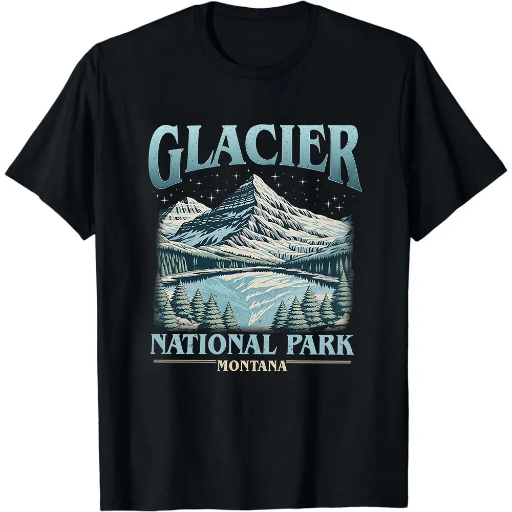 Men's Glacier National Park T-Shirt, Retro Hiking Graphic Tee in Soft Cotton Fabric, Seamless Lightweight Casual Top