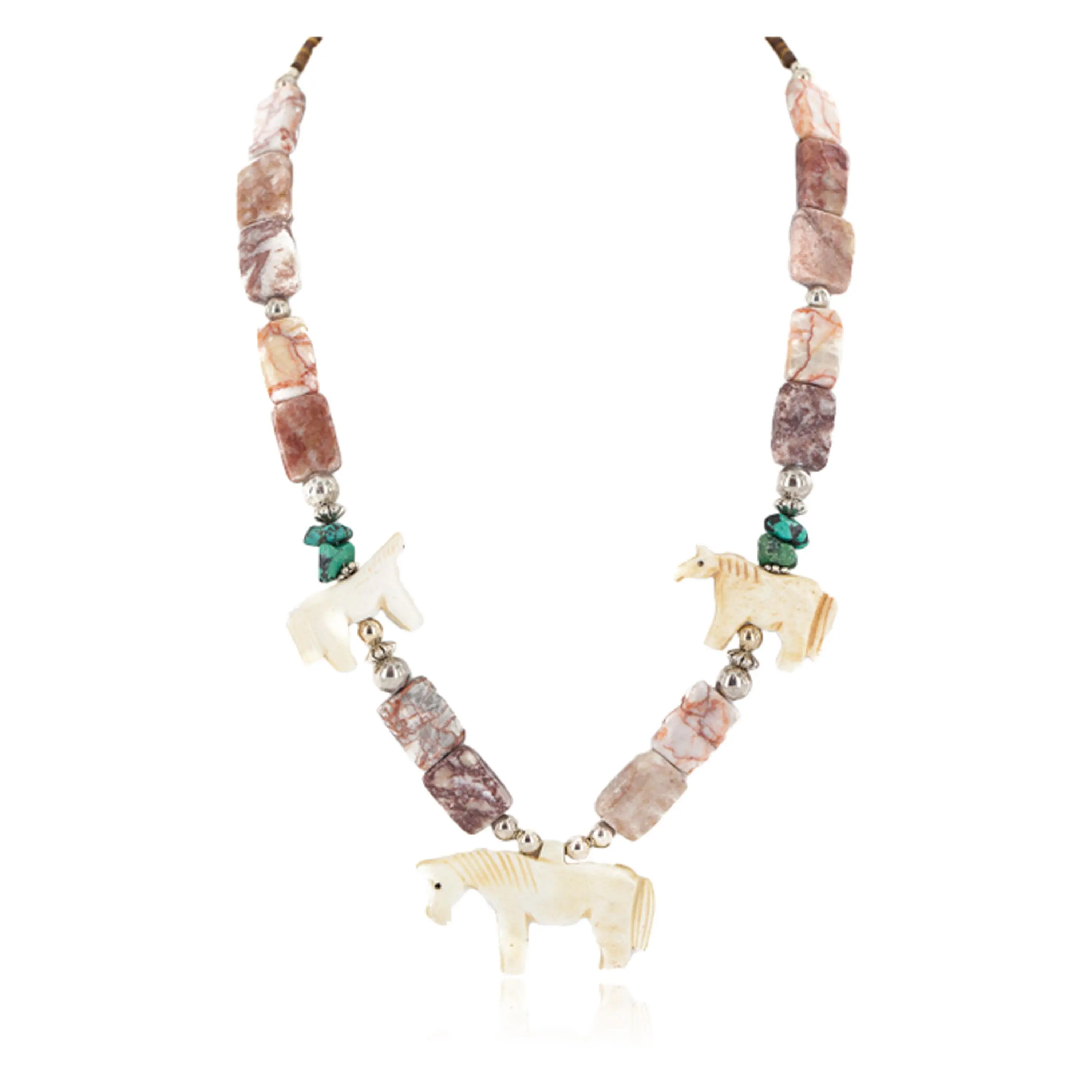 .925 Sterling Silver Certified Authentic Navajo Natural Turquoise Jasper Bone Native American Necklace 750227-4