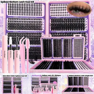 800pcs Lash Clusters for Eyelash Extension, Includes Spiky and Bottom Lashes, 40D/60D/80D/100D Mixed-Style Volume Lash Clusters with Glue, Tweezers and Brush, D-Curl 3D Individual Wispy Eyelash, Fluffy Manga False Eyelashes for DIY at Home, Cosmetic