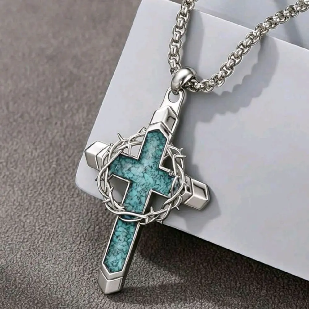 Color Cross and Crown Pendant Necklace, Dainty Religious Jewelry for Women