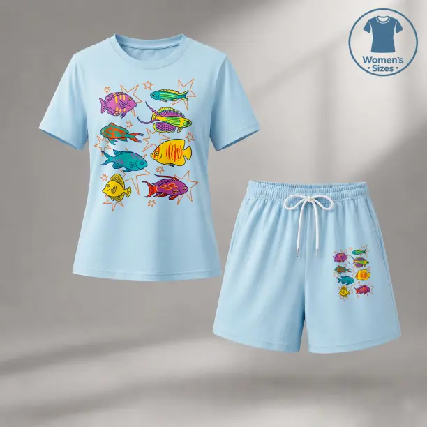 Women’s Cartoon Tropical Fish Graphic Print Short Sleeve T-Shirt and Drawstring Shorts Set, Casual Matching Summer 2-Piece Outfit, Breathable Lightweight Activewear for Travel, Workout, Home, Beach, Vacation and Daily Wear