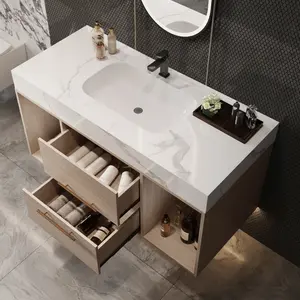 39.4 '' Floating Bathroom Vanity with Ceramic sink,Wall Mounted Vanity 2 Soft Close Drawer and white slate top