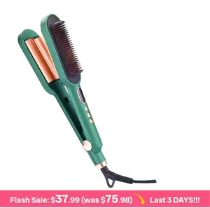 2-in-1 Hair Straightener Brush and Curler, PTC Constant Heat, LED Temp Display, Anti-Scald Design, 60 Min Auto Off, 360° Swivel Cord, Denser Bristles for 2X Smoother Results, Dual Ceramic Panels, Beginner-Friendly, for Straight, Beach Waves, Tight Curls