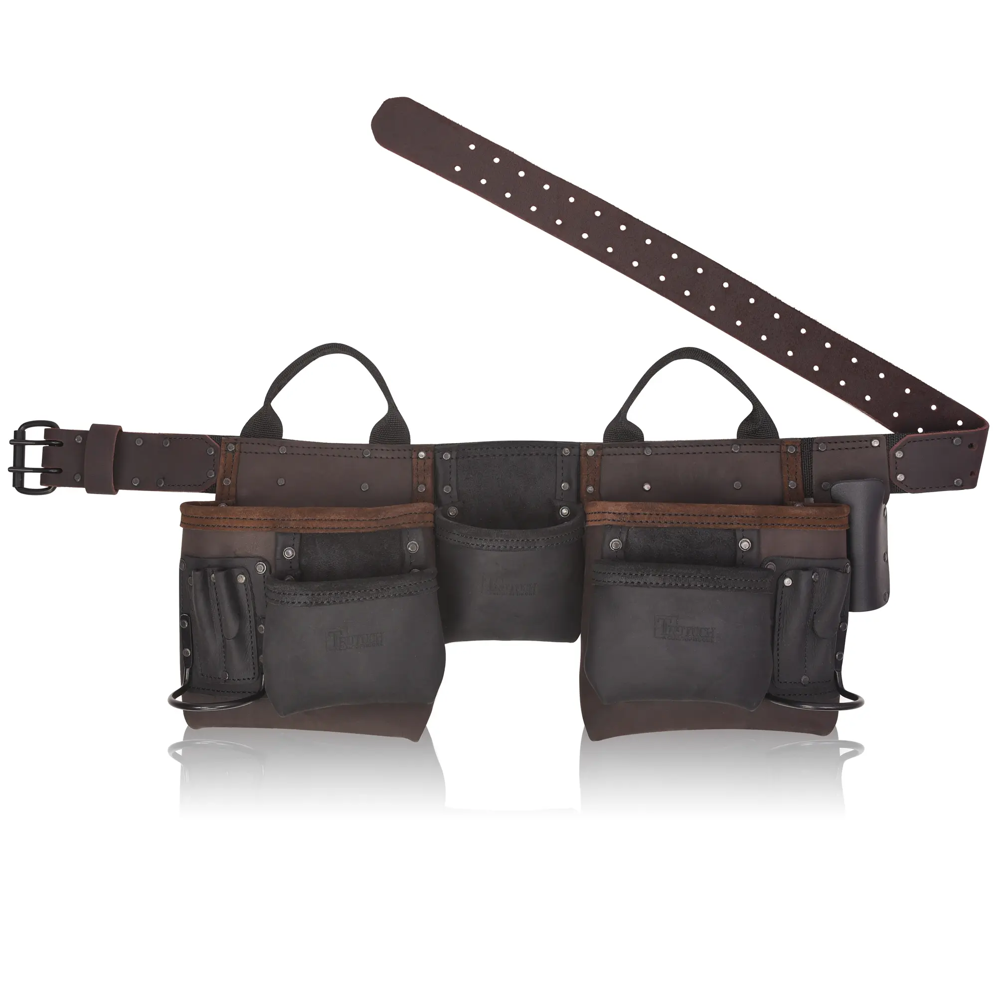 Trutuch Heavy Duty 11-Pocket Leather Carpenter Tool Belt with 2 Hammer Holders & Brass Rivets for 29-46 Inch Waist Brown Genuine Grain Leather Framing Tool Belt