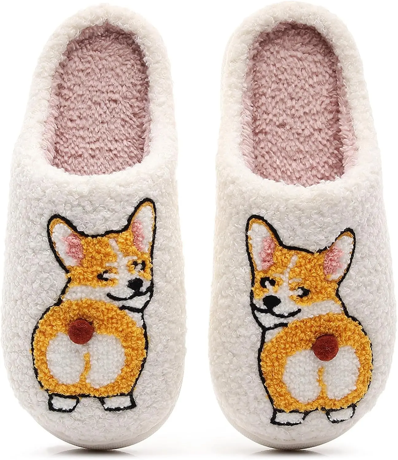Cute Corgi Dog & Cat Plush Slippers with Double Pom-Pom Bell Detail, Cosy Fluffy Indoor Slippers for Women