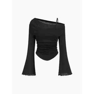 Cider Asymmetrical Neck Ruched Lettuce Trim Tee Dealsforyou