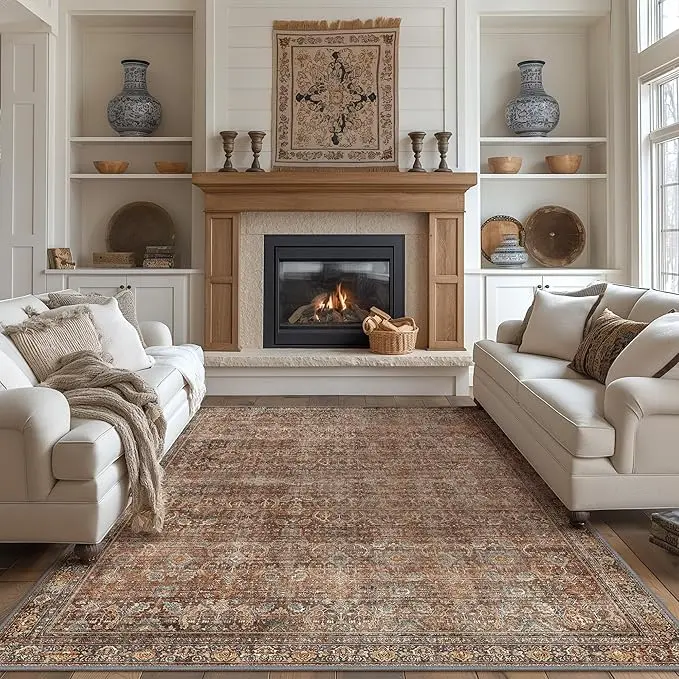 Area Rug 8x10 Machine Washable Large Boho Vintage Distressed Print Thin Chenille Lightweight Non-Slip with Gripper Persian Carpet
