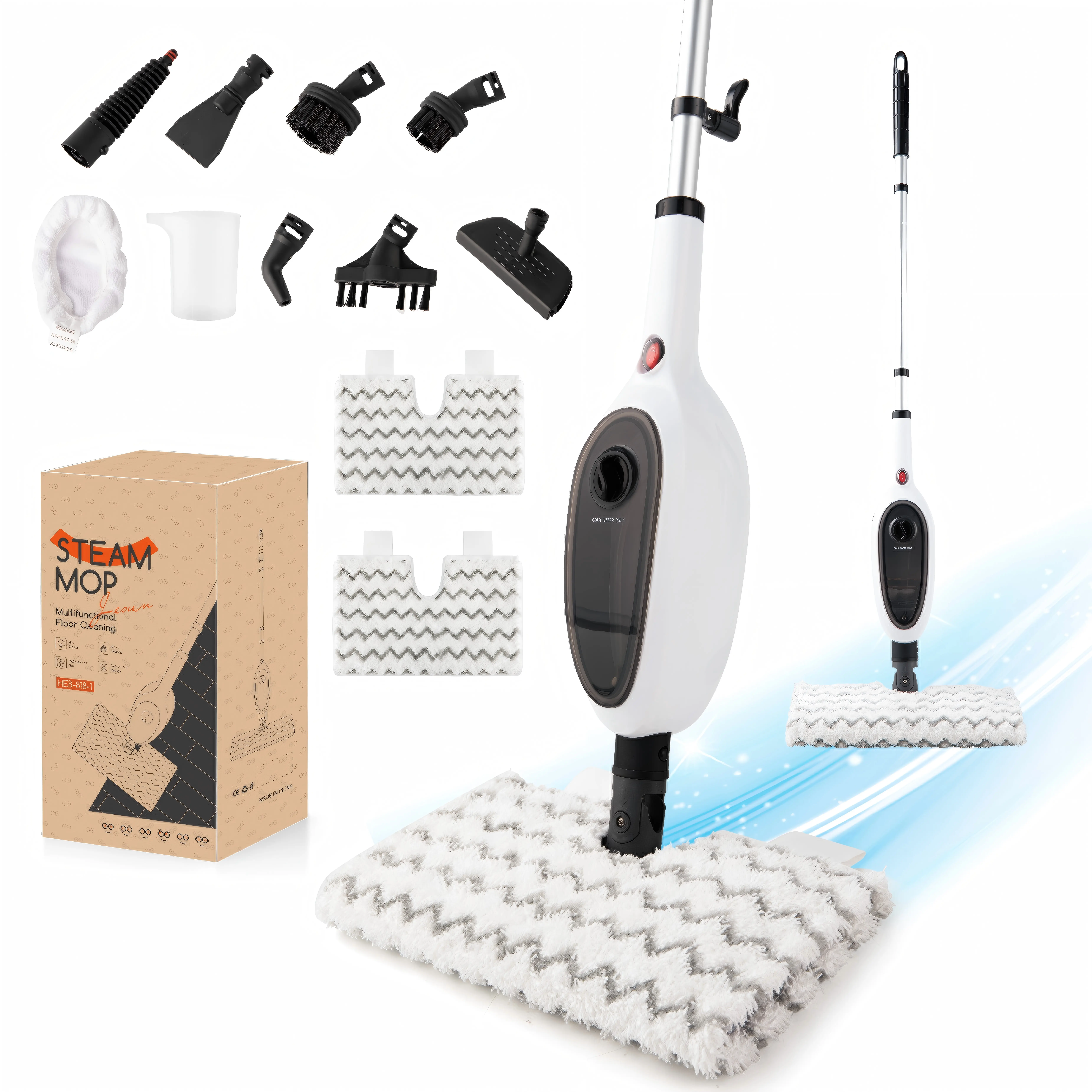 Lightweight Steel Frame Handheld Electric Steam Mop, 15s Fast Heat Floor Steamer, Detachable Portable Cleaner with 8 Attachments & 2 Microfiber Pads for Hardwood, Tile, Laminate Floors