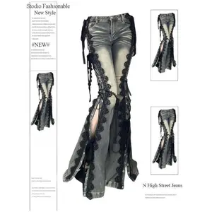 Low Rise Split Bootcut Pants Women Spring Eyelets Lace Up Flare Jeans Retro Stitch Slim Bell Bottoms Streetwear  Womenswear Check Trouser Denim Black