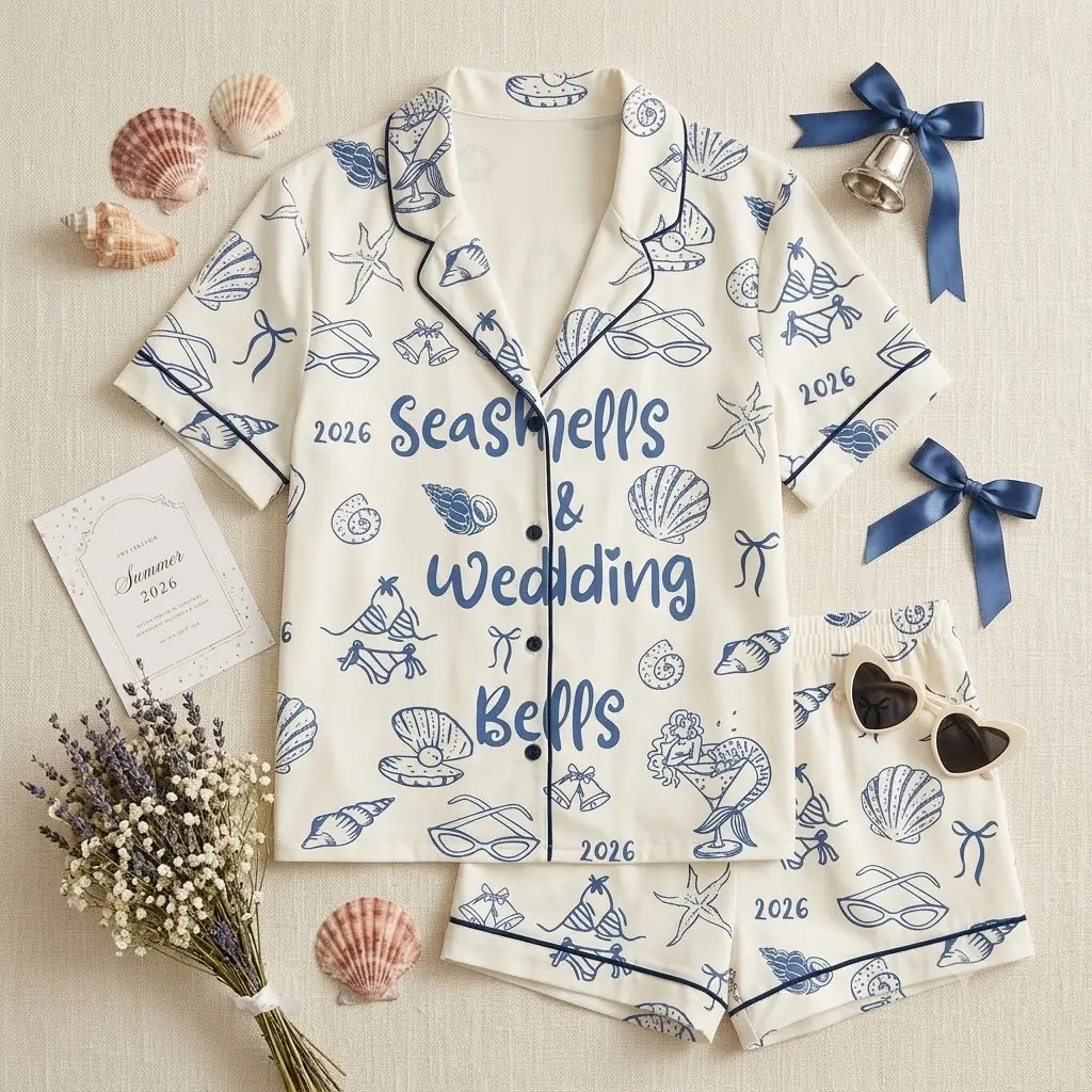 Seashells Wedding Bells Bridal Pajama Set Beach Wedding PJs Coastal Bride Est 2026 White Blue Bachelorette Party Lounge Set Short Sleeve Button Down Shirt Shorts Sleepwear Destination Honeymoon Gift for Women Soft Matching Pyjamas