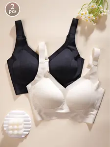 2 PCS-Women's Wireless Medium Bralette, Womenswear, Casual, Ribbed Design, Effective Lift & Shape, Comfortable Fit, All-Day Wear, Flattering Curves, without the constraint of underwire, Wireless Bras