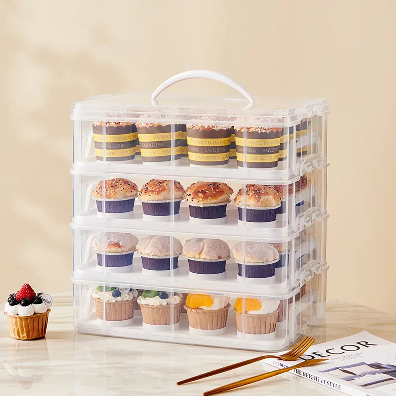 CNCEST Plastic 4-Tier Rectangular Cupcake Carrier, 48-Cup Stackable Collapsible Bakeware Box with Separate Handles for Kitchen Baked Goods Transport, Large Capacity