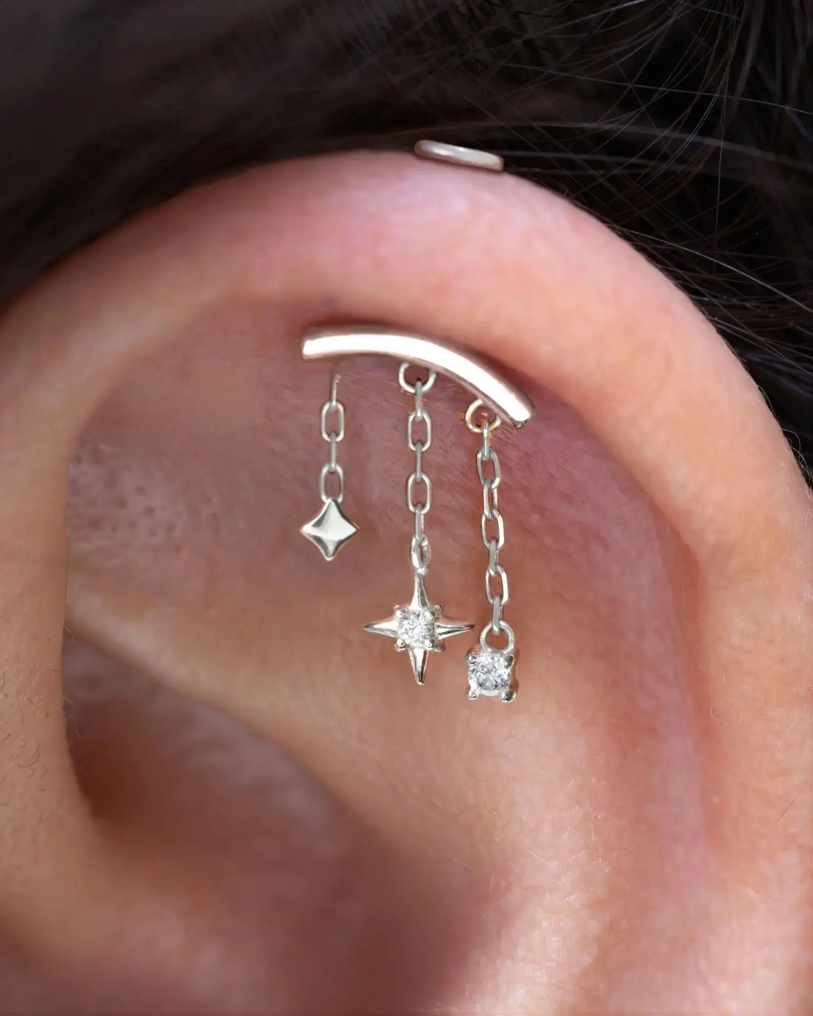 VERTICAL Helix Dangle Chain Earring, Celestial Earrings, Hidden Helix Flatback Earrings, Helix Piercing Jewelry, Sterling Silver Earrings, Flat Back Earrings