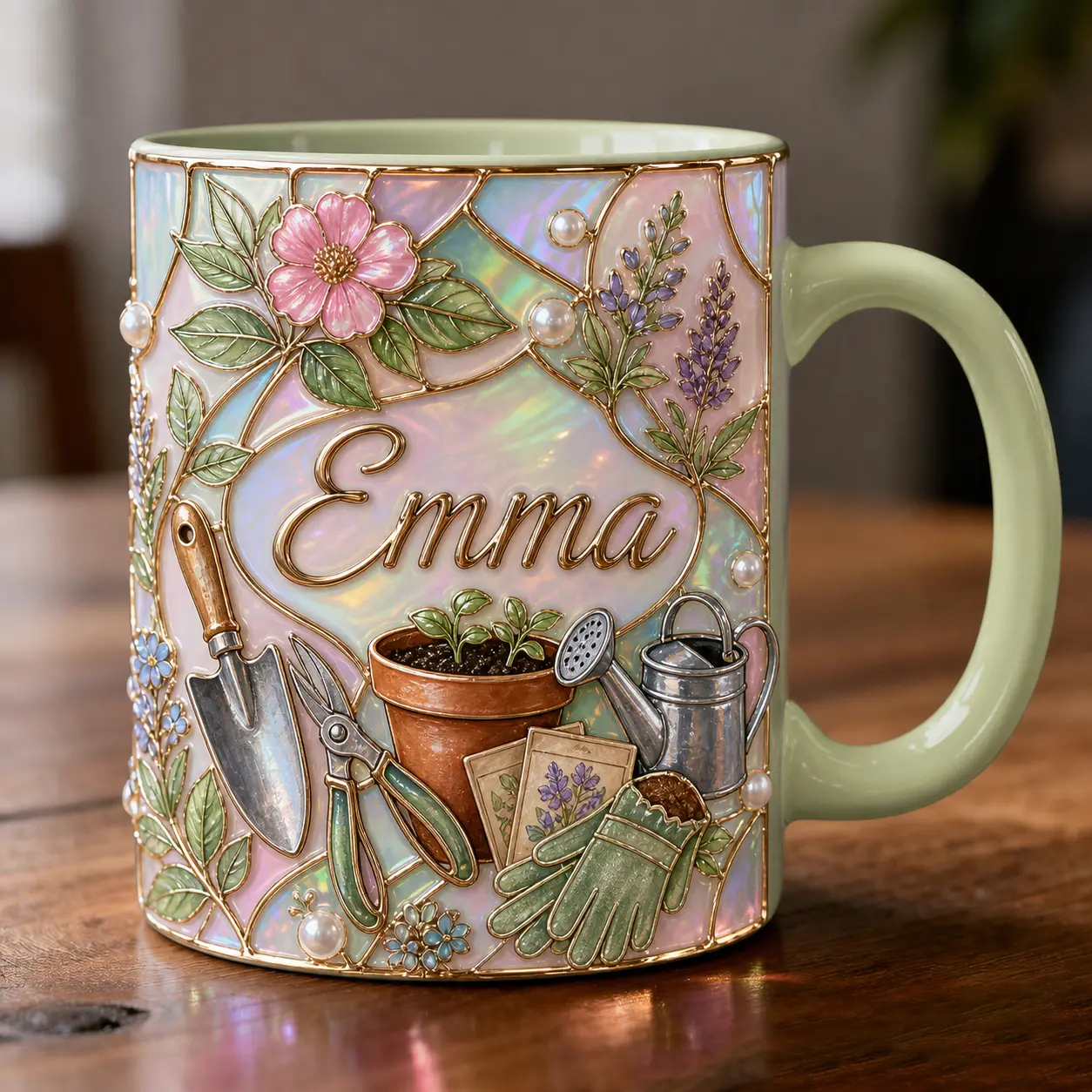 Personalized Gardener Mug 2D Printed 3D Effect, Custom Name Ceramic Coffee Cup with Flowers, Plant Pot, Trowel and Watering Can, Gift for Women