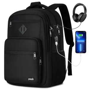 paude Black Multi-Functional Backpack, 15 Inch Multi-Compartment Laptop Backpack with USB Charging & Headphone Jack for School, Work & Travel