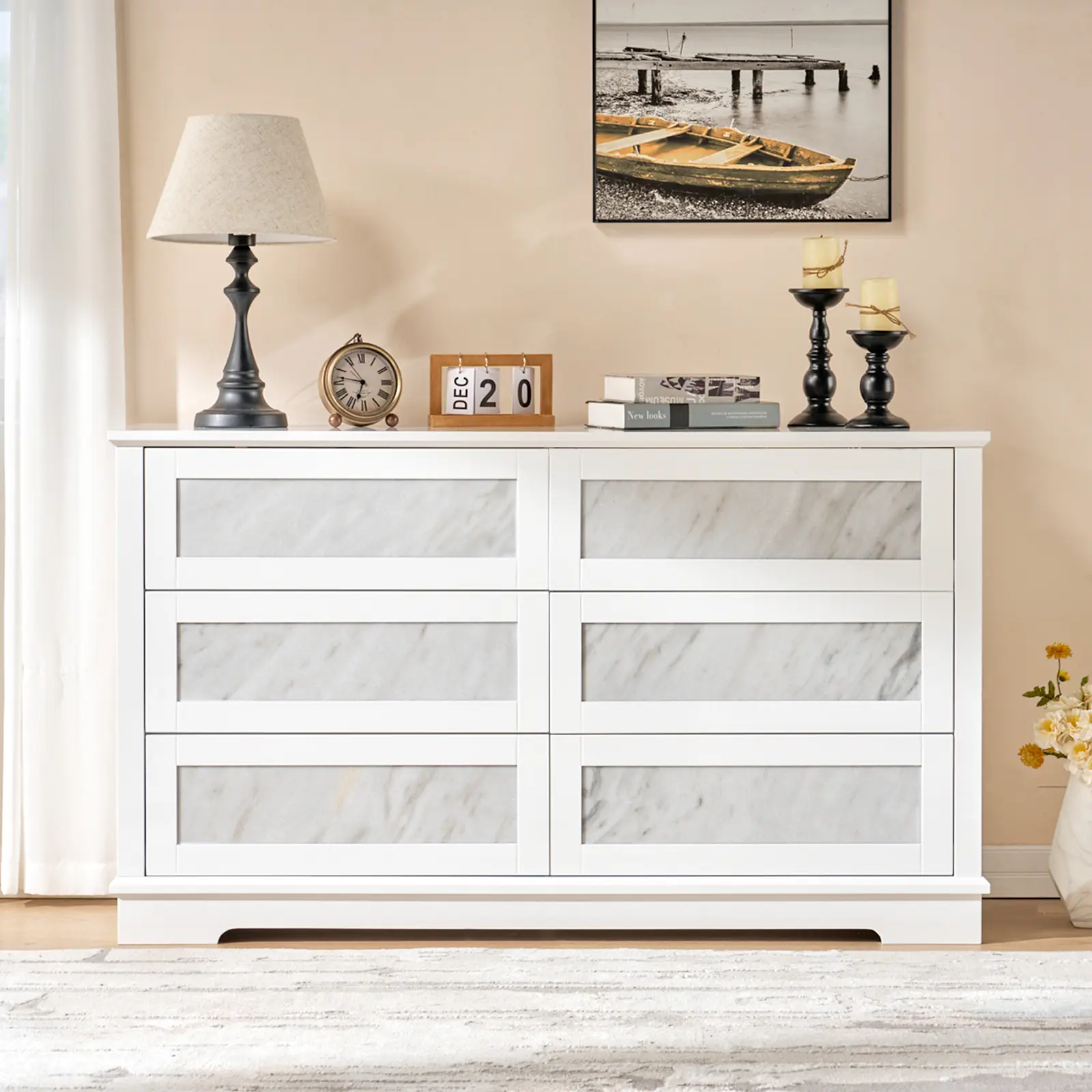 AMERLIFE 2 Different Styles Modern Drawers Dresser, 1 Style Storage Chest of Drawer with Built-in Pure Natural Marble, 1Style Mid-Century Drawers Dresser for Bedroom, Living Room, Hallway