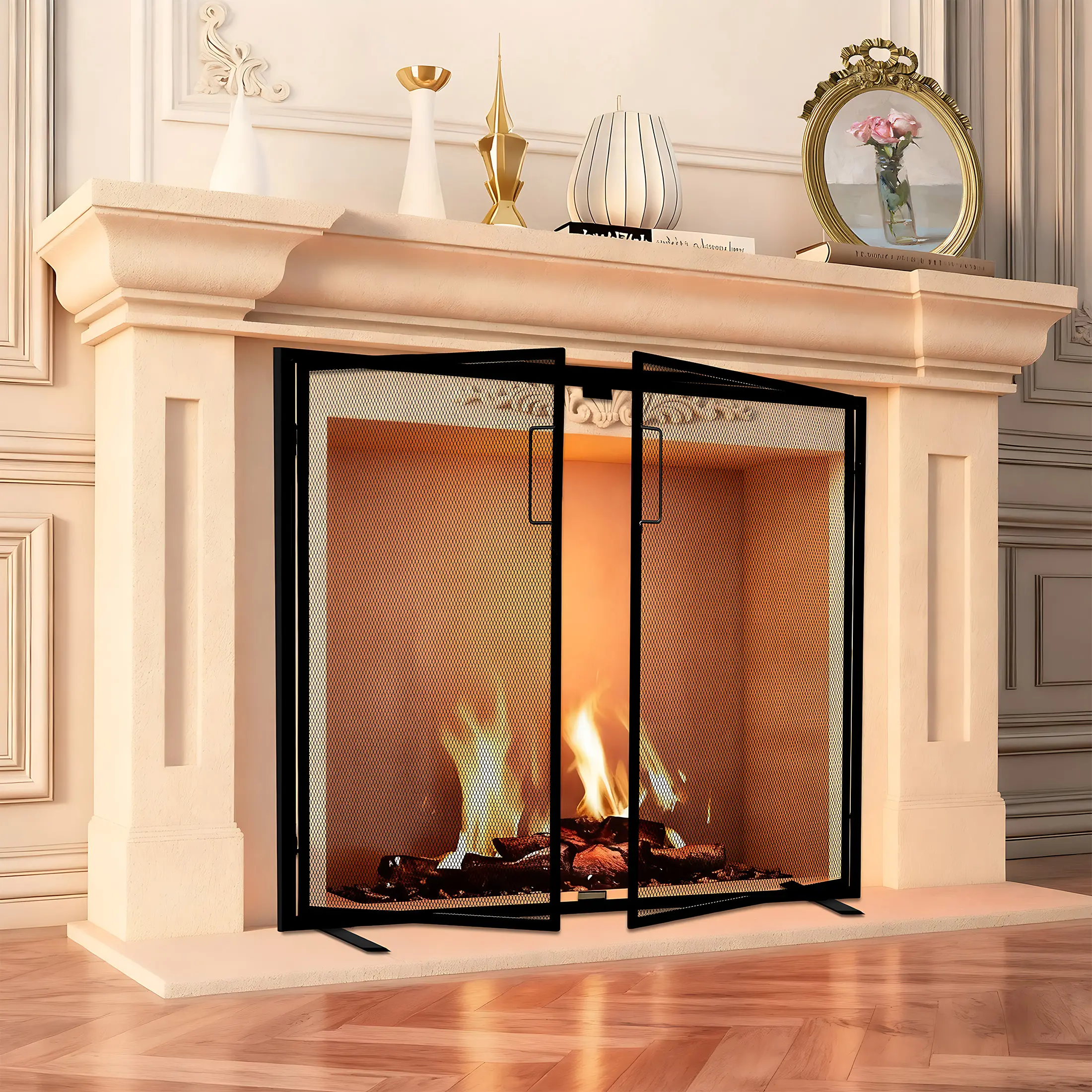 38.5x31 inch Black Fireplace Screen, Hand-Forged Iron Spark Guard with Magnetic Doors for Living Room