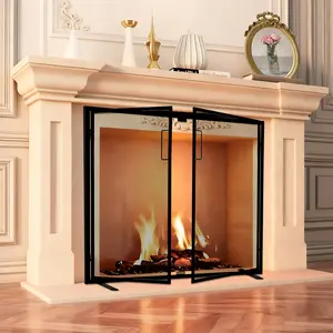 38.5x31 inch Black Fireplace Screen, Hand-Forged Iron Spark Guard with Magnetic Doors for Living Room