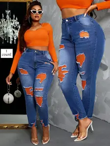 Women's Ripped Denim Jeans, Fashion Casual Streetwear Slim-fitting Skinny Pants for Daily Wear, Ladies Bottoms for All Seasons
