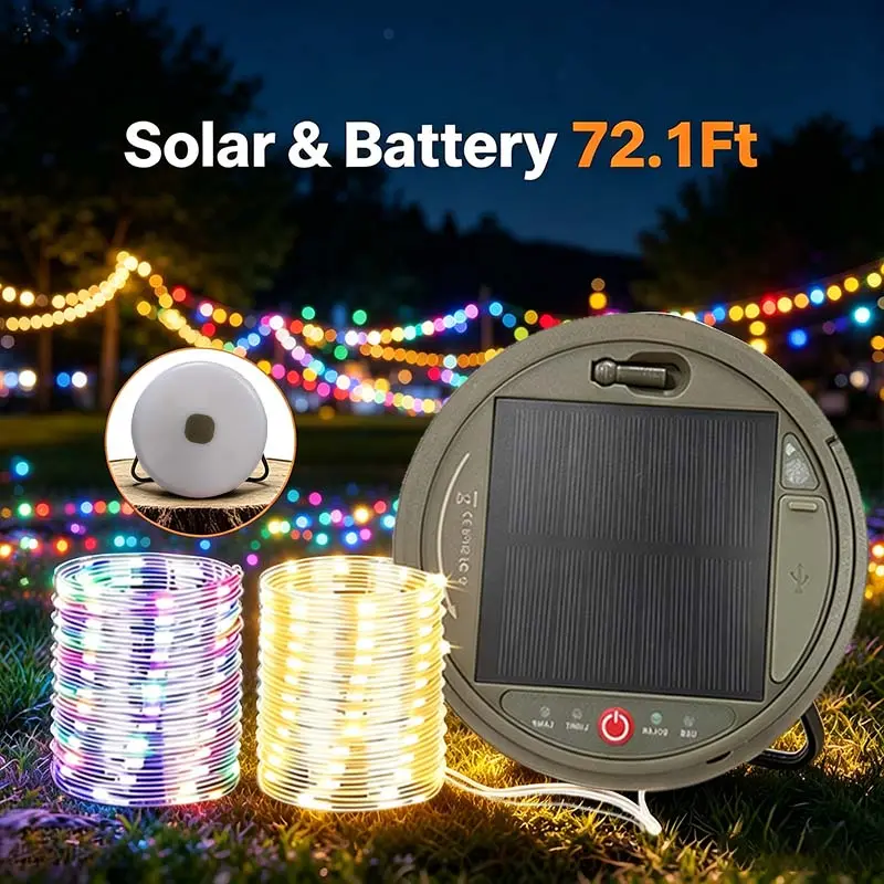 Solar Outdoor Lights Super Bright 72.1ft Retractable LED String Lights with 3600mAh Large Capacity Battery,  Patio, Garden, Yard, Party, Wedding, Holiday， Energy Saving Rechargeable Lights, Ideal for Outdoor Decor & Night Events