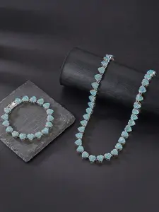 2Pcs/Set Shiny Clustered Heart Iced Out Miami Necklace and Bangle blue/Silvery Full Rhinestone Bracelet Fashion Jewelry Set Valentine's Day Gift for Men Women Fashionable Jewelry Set Elegant Jewelry Set