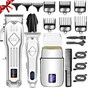 USB Rechargeable Electric Shaver Kit, 1 Set 3 Styles Multifunctional Portable Rechargeable Hair Trimmer Beard Shaver Hair Clipper Set with Display for Men, Adjustable Blade Close Shave , Dad Gifts, Winter New Year, Christmas Gift, Stocking Fillers