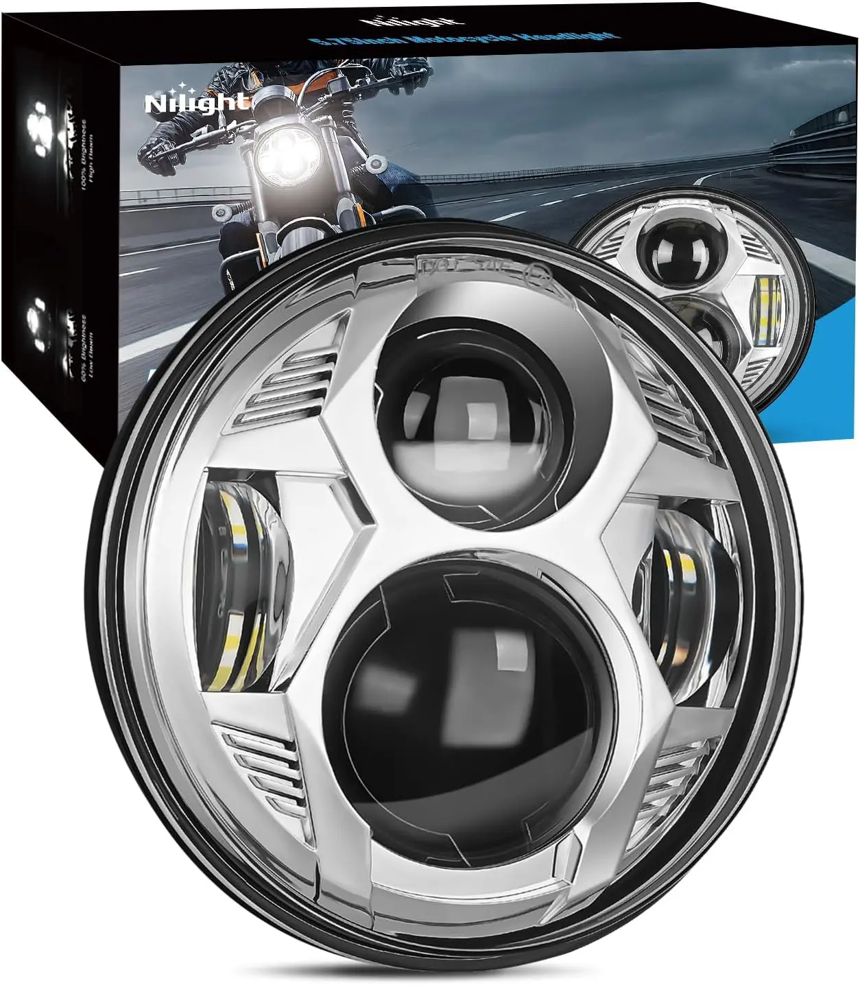 Nilight 5.75-in High Lumen Motorcycle LED Headlight - 2000lm Low Beam, Direct-Plug 3-Prong Plugs, Anti-Flicker, Easy-Install Accessory for Harley Davidson Sportster Iron 883, Dyna Street Bob Models, High Lumen Headlight