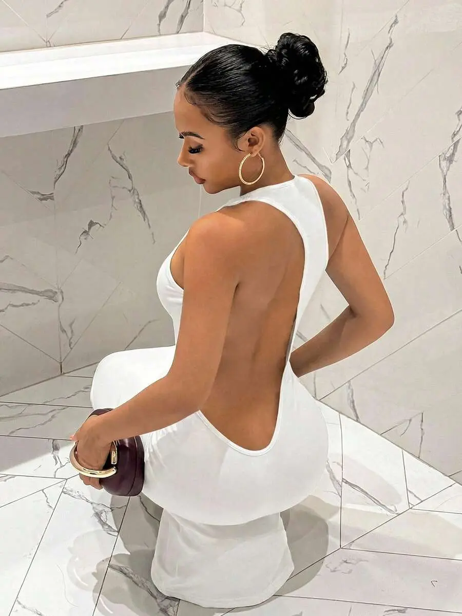 ZORA White Summer Seksi Chic Club Night Elegant Round Neck Sleeveless Backless Long Fitted Dress, Sassy Beach Vacation Cruise Party Spring Style Dress