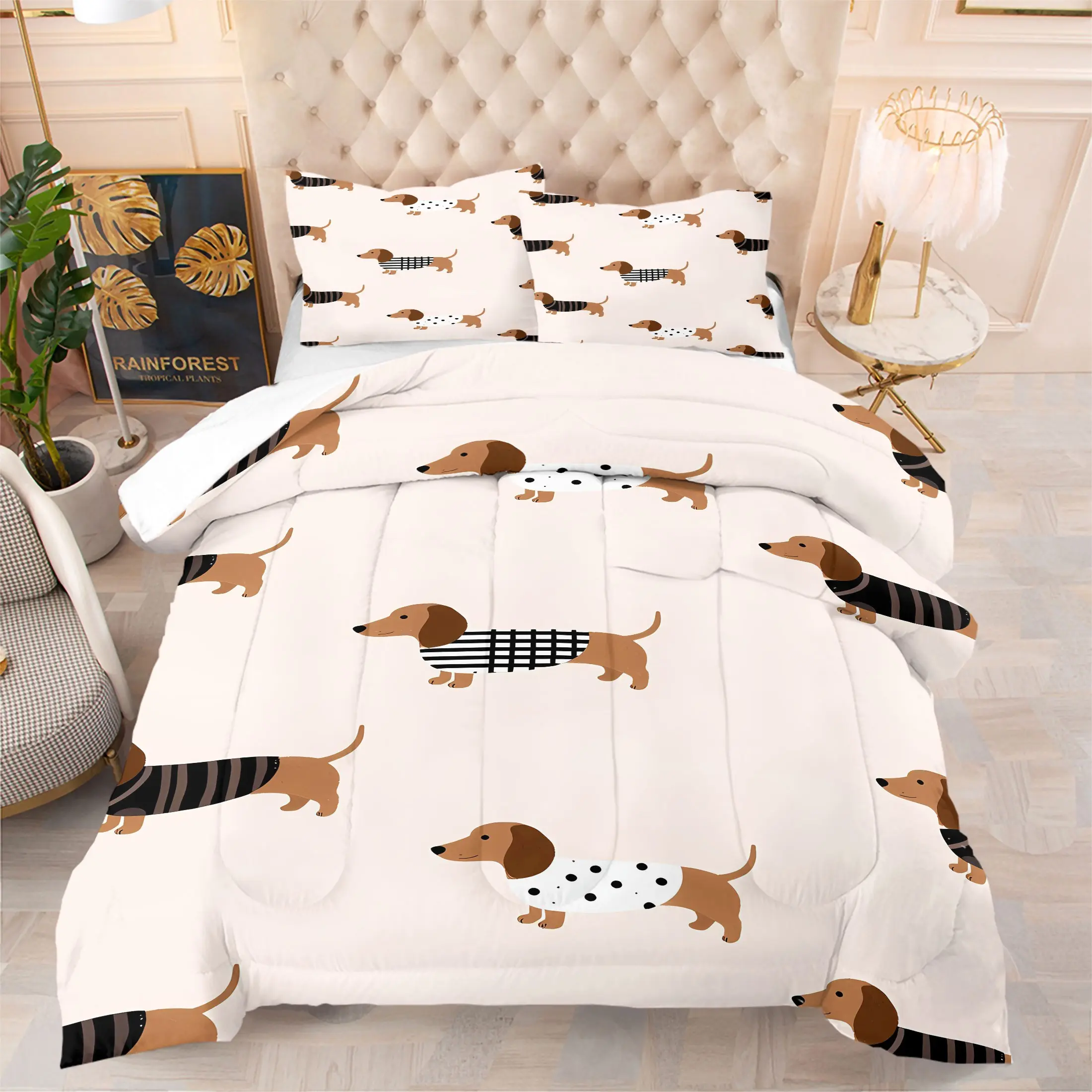 Kawaii Puppy Pattern Comforter Set,Includes 1 Comforter & 1-2 Pillowcases,Puppy Print Bedding Set,Soft Warm Bedding,Soft Breathable All Season Bedding Set for Kids Adults Bedroom Dorm Decor,Perfect Gift for Pet Owners & Dog Enthusiasts
