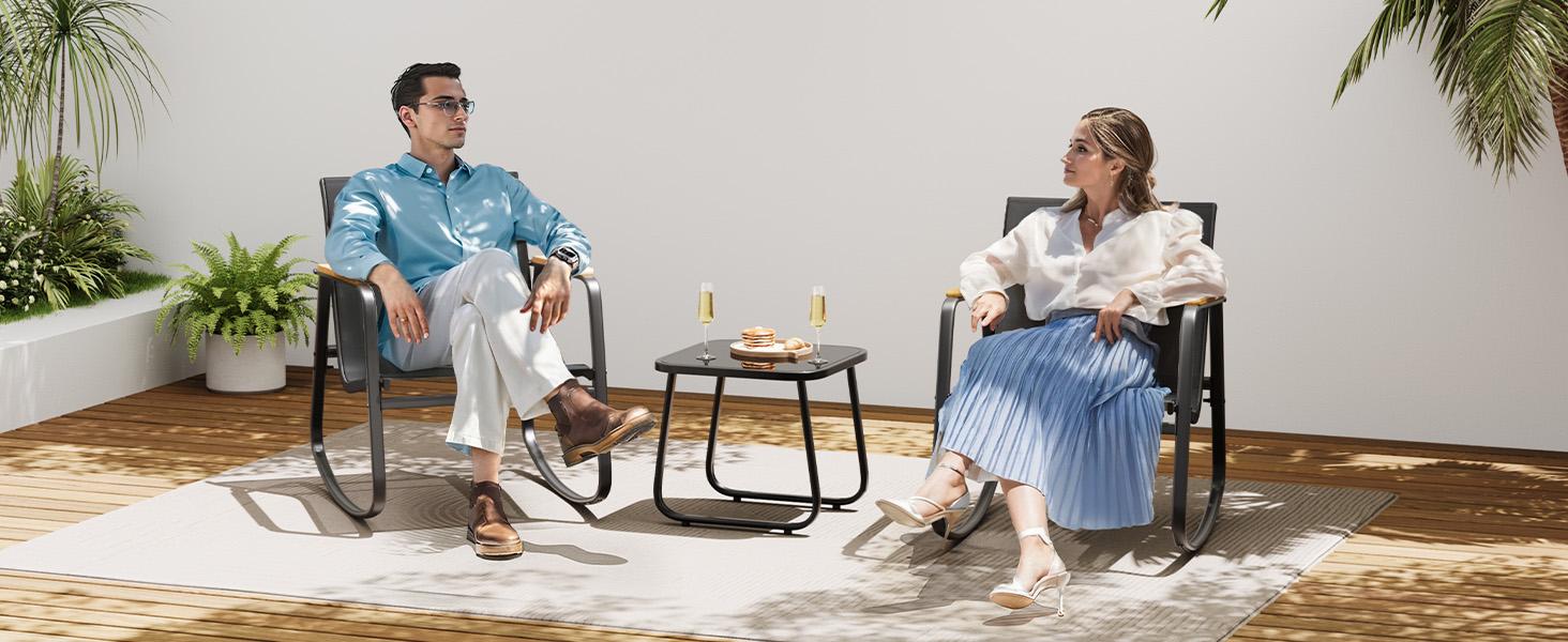 Gizoon 3 Piece Rocking Bistro Set, Textilene Fabric Patio Furniture Set, Front Porch Rocker Chairs with Coffee Table for Lawn, Garden, Balcony, Poolside (Black) Gizoon 3 Piece Rocking Bistro Set, Textilene Fabric Patio Furniture Set, Front Porch Rocker Chairs with Coffee Table for Lawn, Garden, Balcony, Poolside (Black)