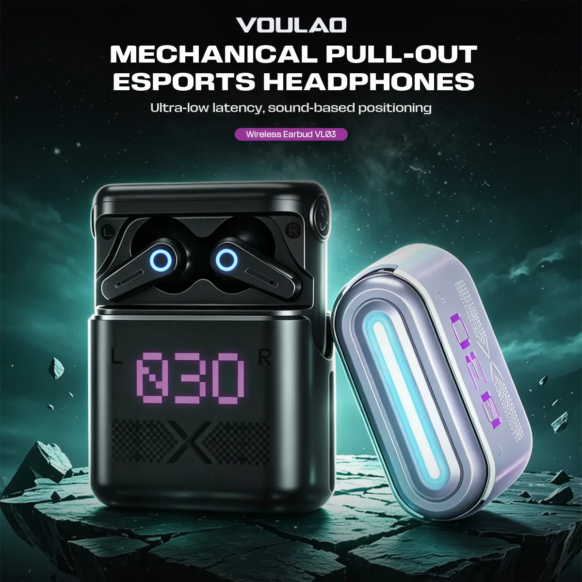 VOULAO VL03 Esports Wireless Earbuds Mechanical Pull-Out 38ms Ultra Low Latency Gaming Headphones, 360° Surround Bass, Smart Touch Control, 60H Playtime LED Digital Display Cyberpunk Mecha Bluetooth Earphones for Gamers