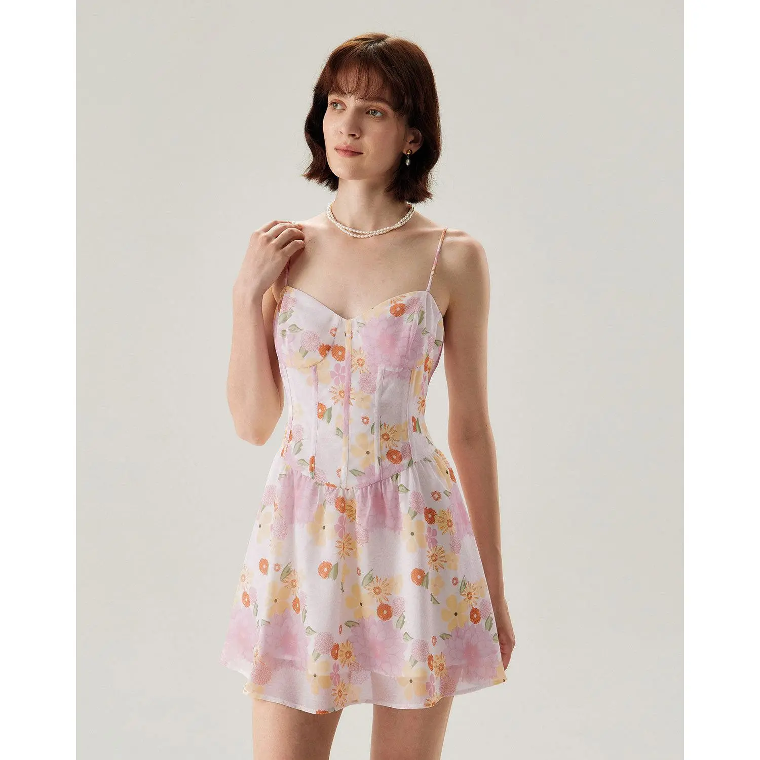 Rihoas Women's Cute Blush Pink Polyester-Chiffon Sleeveless Sweetheart Neck Waisted Microfloral A-Line Slip Mini Dress with Zipper, Lightweight Soft Casual Daily Wear Dress, Fabric, Floral Print