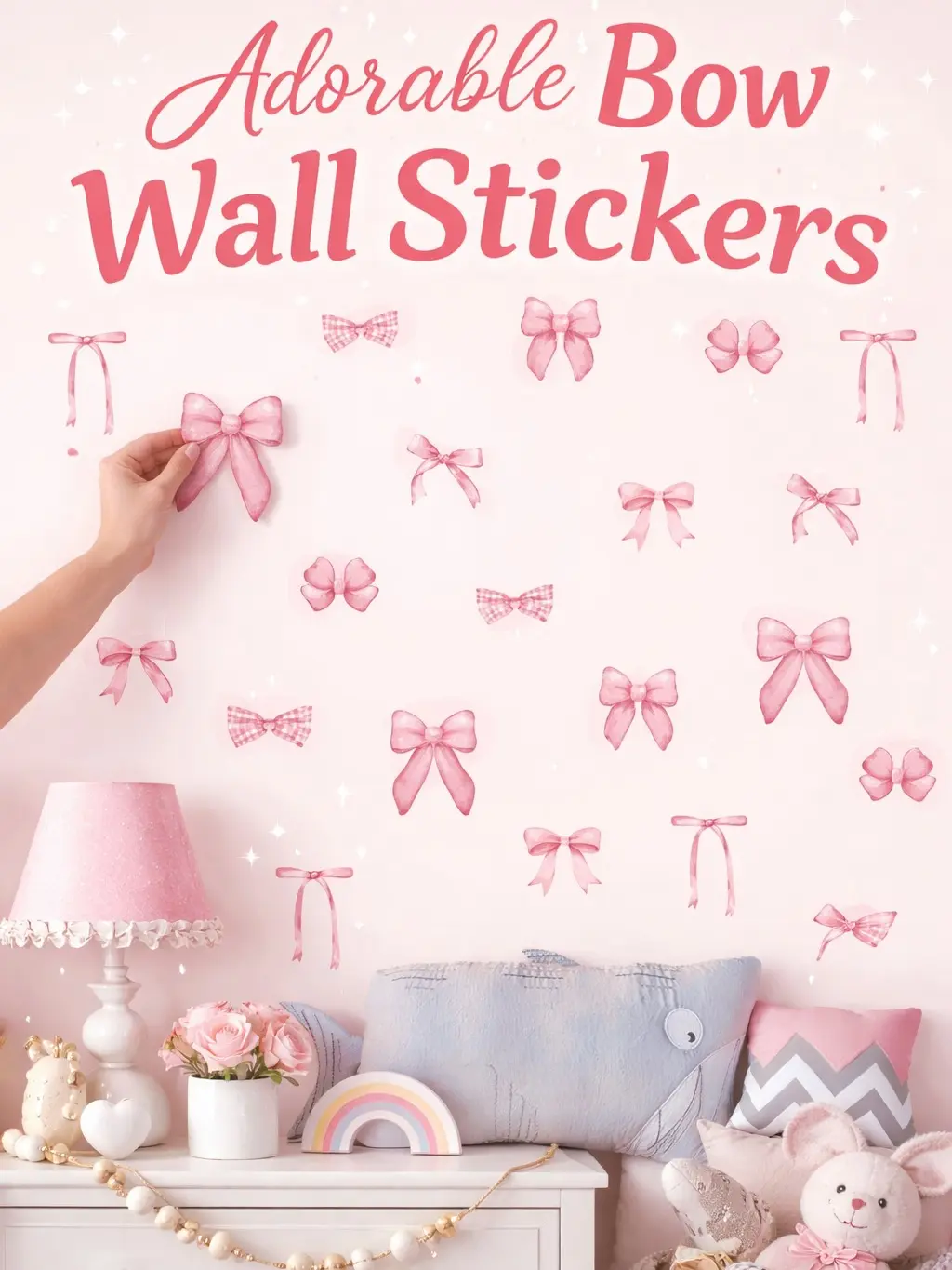 Bow Stickers Pink Wall Stickers 28 pcs (4 sheets) - Vinyl Peel and Stick Removable Decals Rental Friendly Decor for Nursery Kids Room PrincessBedroom Decor Bow Party Decor Cute Bow Decals Cute Stickers Wall Decor Room Decor