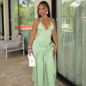 Halter Backless Two Piece Set Bodysuit with Asymmetrical Wrap Skirt Women's Summer to Beach Outfit Casual Elegant Sexy Stretchy Bodysuit & Skirt Combo(Sheet)