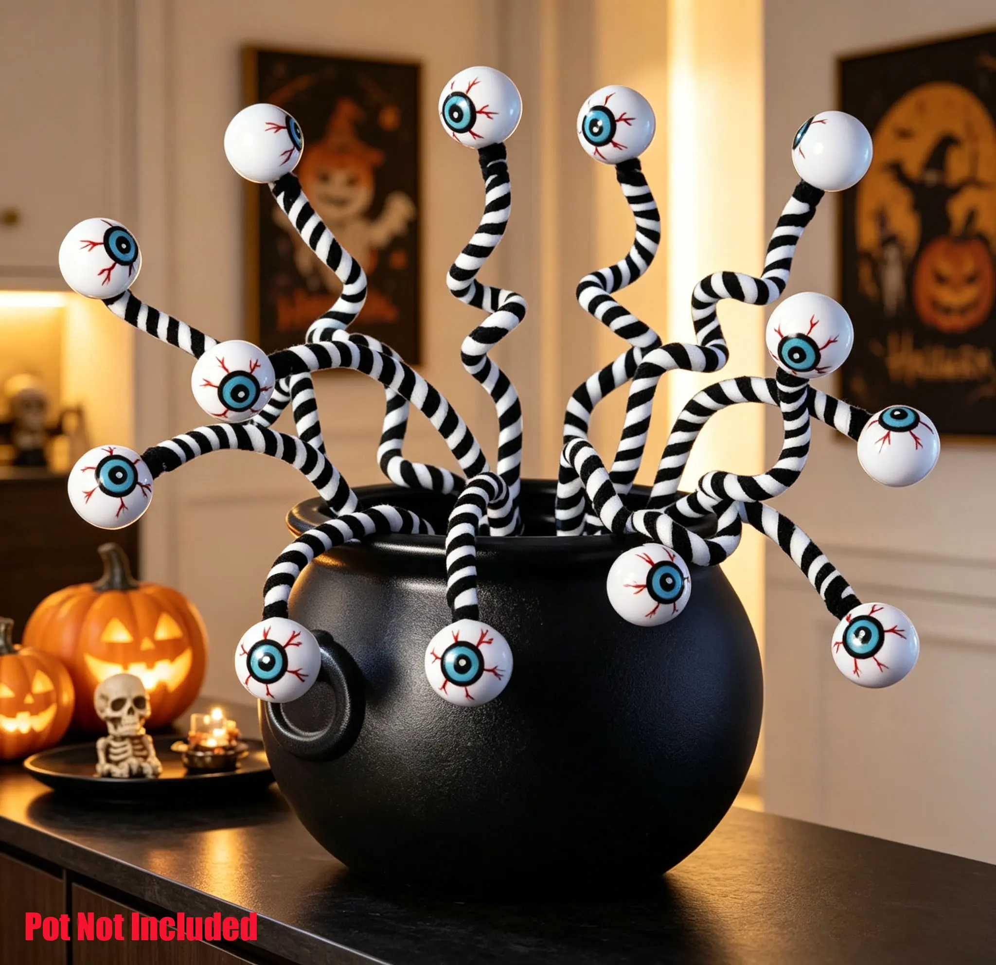 Halloween Bendable Eyeball Stems, Spooky Striped Eyeball Picks, DIY Cauldron Table Decor, Creepy Eyeball Ornaments for Party Supplies, Pot Not Included